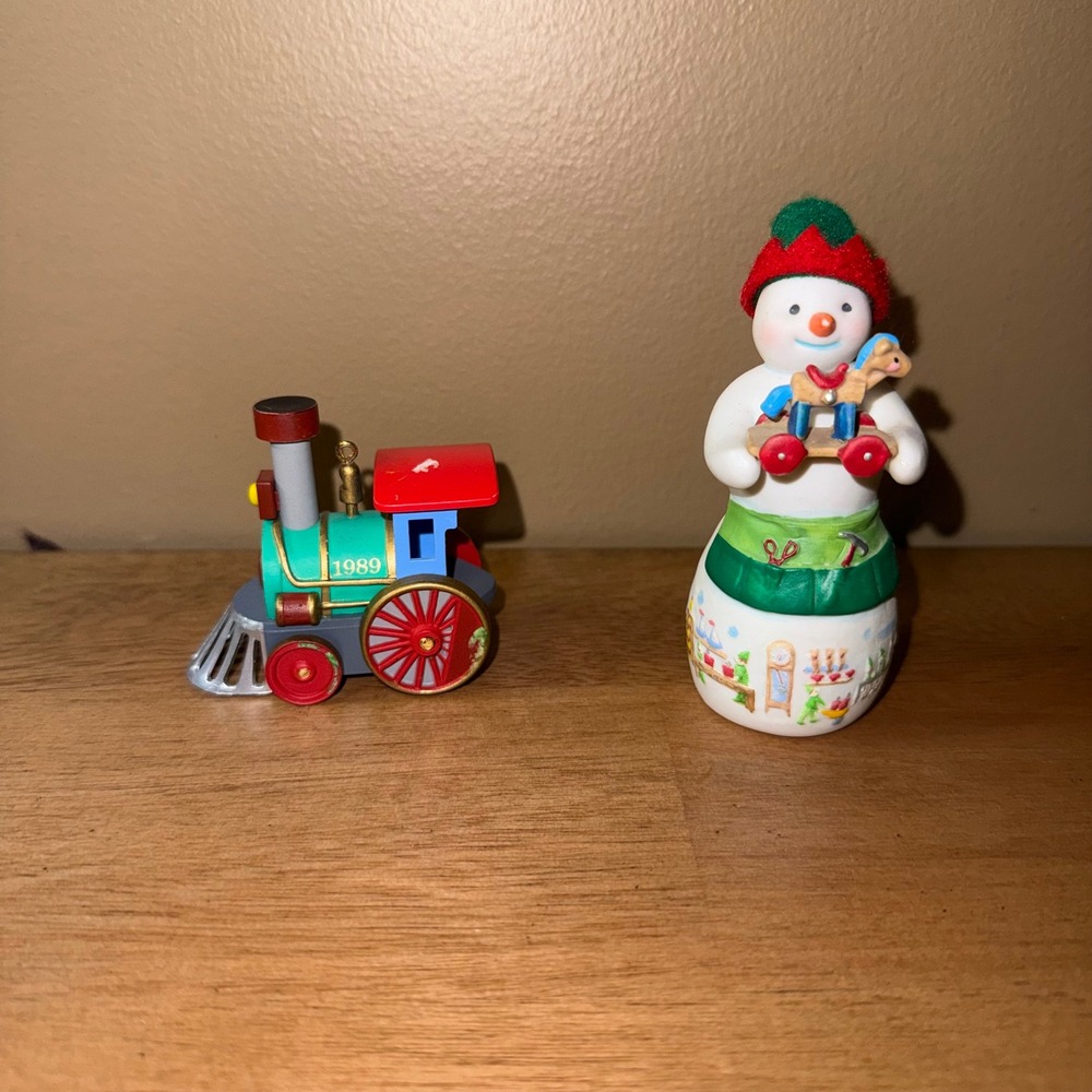 Hallmark Keepsake Christmas Ornaments 1989 Train Engine and 2015 Snowman Set